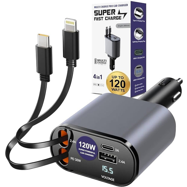 4-in-1 Fast Car Charger with LED Display (Type-C &amp; Lightning)